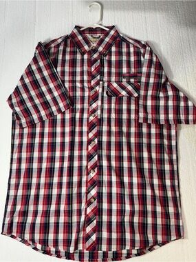 Backpacker Men's Short-Sleeve Plaid Button-Down Shirt — Red/White/Blue
